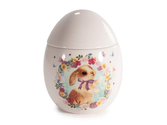 Ceramic egg-shaped food jar with rabbit and lid