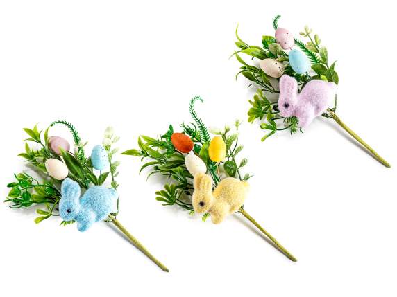 Branch with flocked bunny and artificial eggs