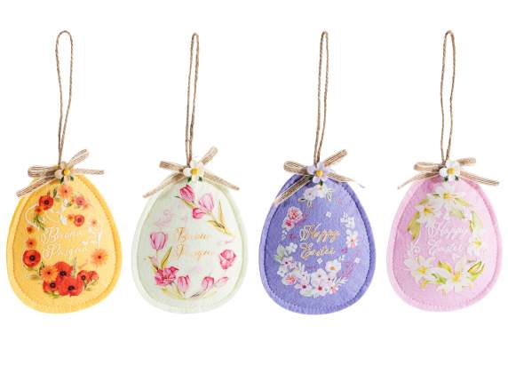 Cloth eggs with floral decorations and a hanging bow