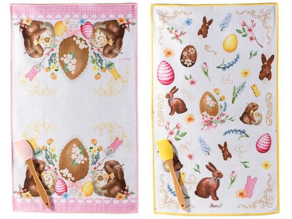 Printed microfiber dish towel with silicone spatula