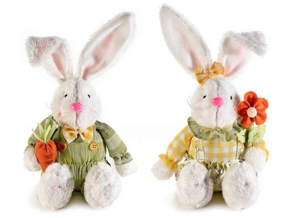 White plush rabbit with overalls, flower and carrot