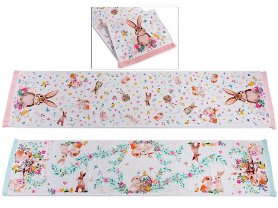 Fabric table runner with fringes and rabbit decorations