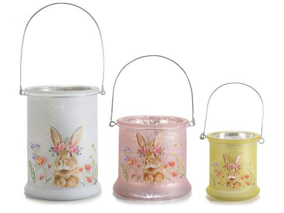 Set of 3 frosted glass candle holders with rabbit and handle