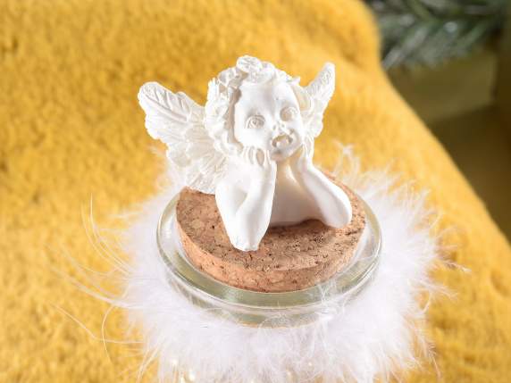 Glass jar with resin angel and cloud of feathers