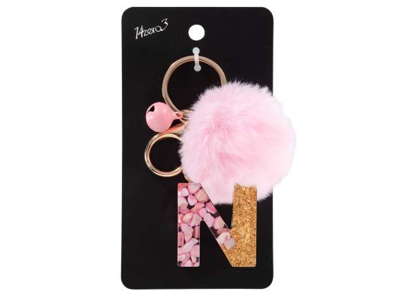 Resin letter N keychain - charm with card pompom