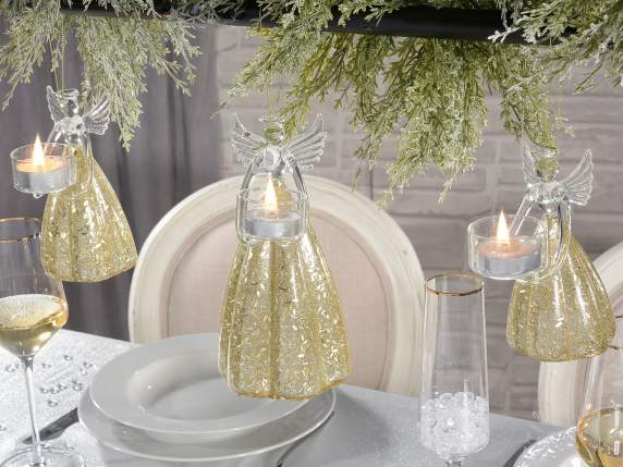 Set of 3 golden angels glass candle holders