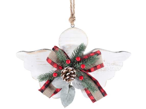 White wooden angel with bow and twig to hang