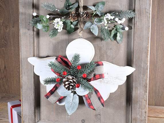 White wooden angel with bow and twig to hang