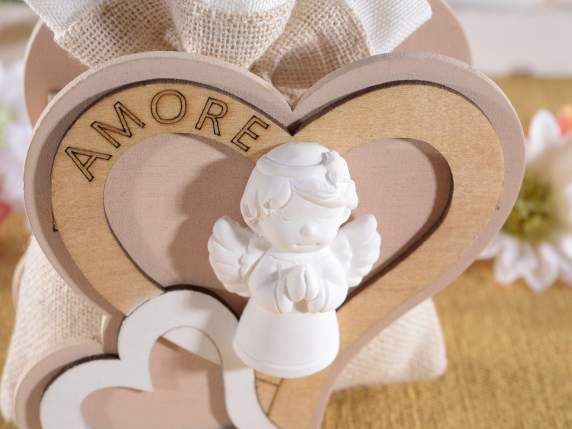 Wooden heart with plaster angel and jute bag with tie