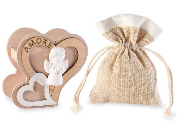 Wooden heart with plaster angel and jute bag with tie