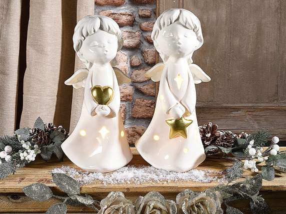 Angel in glossy white porcelain with gold details and LED