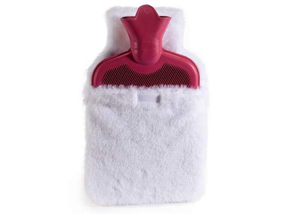 Hot water bottle with soft eco-fur cover and pom poms