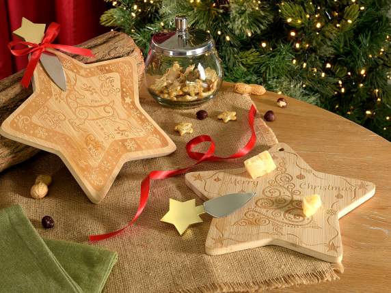 Christmas wooden cutting board and steel cheese knife set