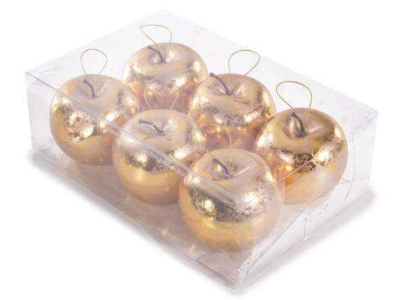 Box of 6 golden apples with ribbon to hang