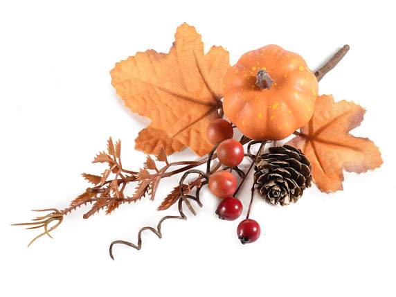 Branch with pumpkin, pine cone and artificial berries