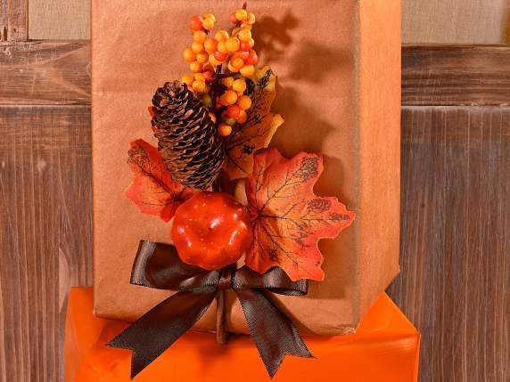 Branch with pumpkin, pine cone, leaves, artificial berries