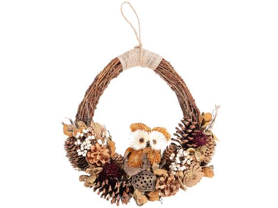 Hanging Glitter Owl and Pine Cone Wreath