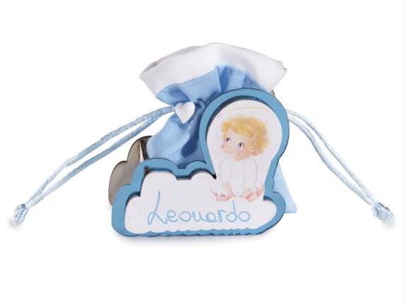 Wooden Birth Decoration with Blue Bag with Drawstring