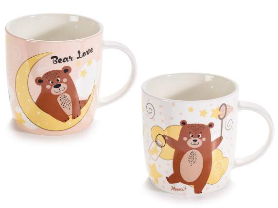 Glossy porcelain mug with teddy bear decoration