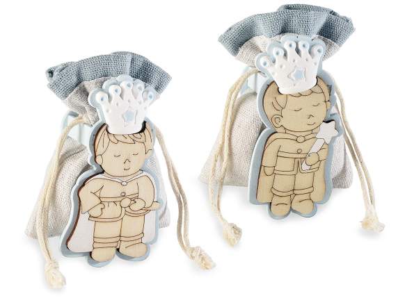 Wooden prince with plaster crown and drawstring bag