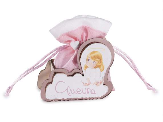 Wooden birth decoration with pink bag with drawstring