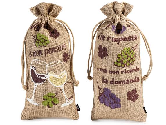 Jute bag with drawstring and grape and wine print