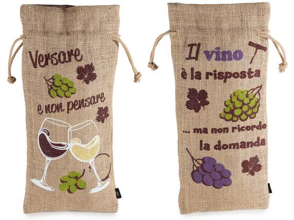 Jute bag with drawstring and grape and wine print