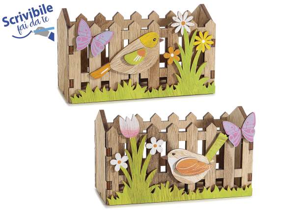 Wooden basket fence with little bird, flowers and butterflie