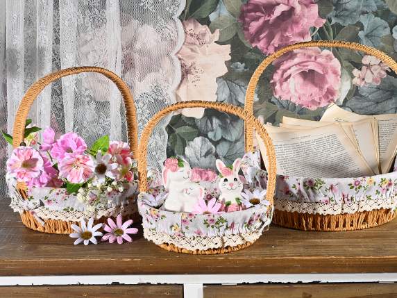 Set of 3 woven fibre baskets covered in fabric with handle