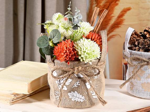 Jute container-basket with leaf and bow decorations