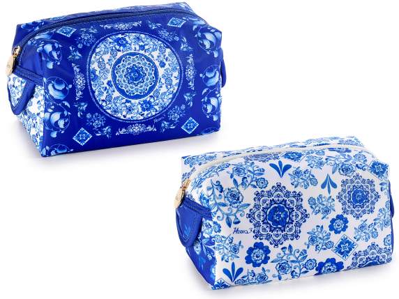 Blue majolica decoration fabric beauty case with zip