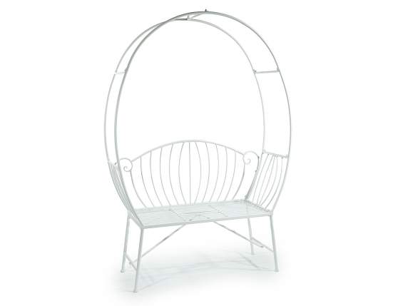 White metal bench with arch and decorated backrest