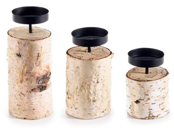Set of 3 wooden log candle holders with metal stand