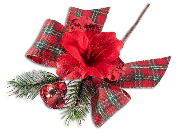 Bouquet with red flower, bell, bow and pine needles