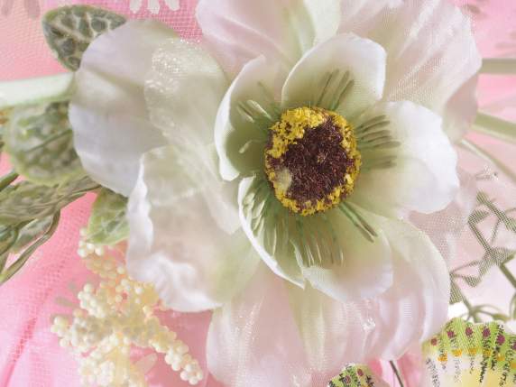 Bouquet with artificial flowers, butterfly and ribbons