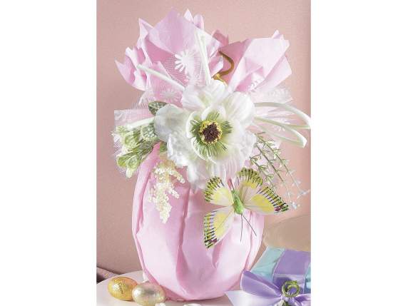 Bouquet with artificial flowers, butterfly and ribbons
