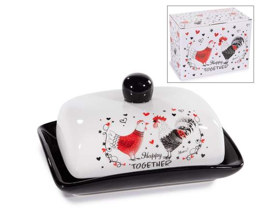 Ceramic butter dish with lid and chicken decoration