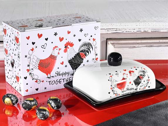 Ceramic butter dish with lid and chicken decoration