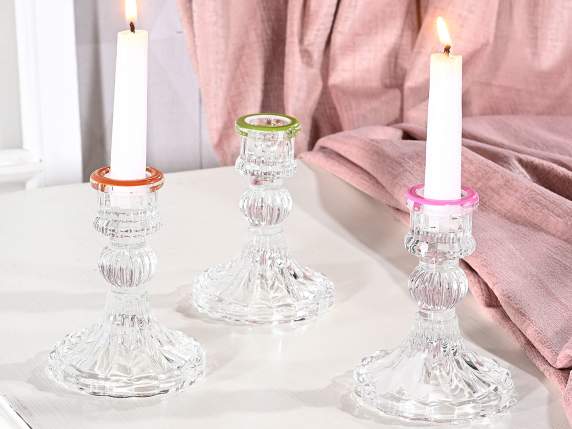 Transparent glass candle holder with colored edge