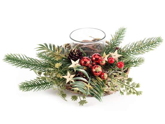 Centerpiece with pine cones, berries, balls and candle holde