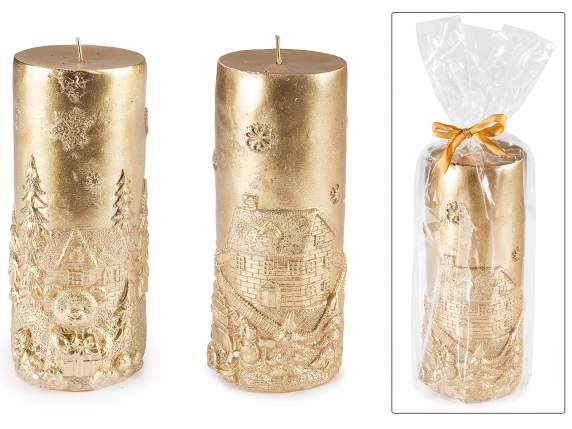 Large golden candle with embossed Christmas landscape
