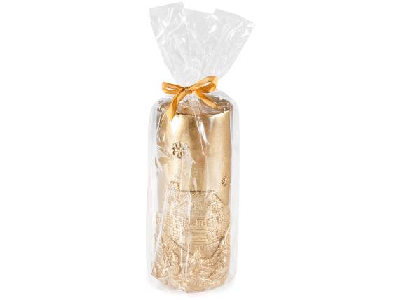 Large golden candle with embossed Christmas landscape