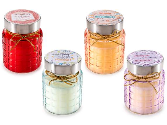 Scented candle in glass jar with phrase for teachers