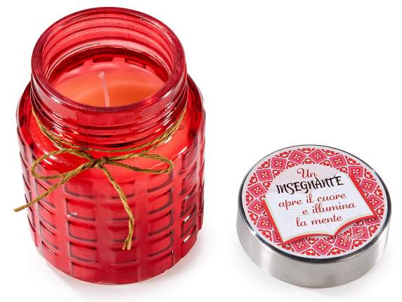 Scented candle in glass jar with phrase for teachers