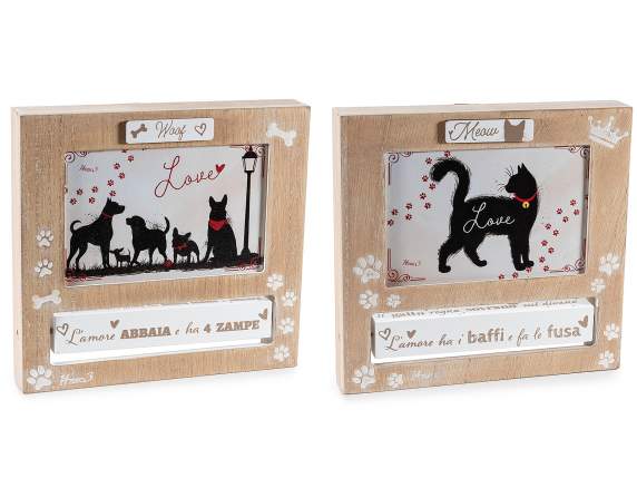 Wooden photo frame with dog, cat, and rotating writing