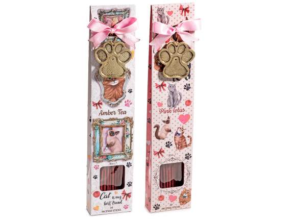 Conf. 30 incense sticks with metal incense holder, cat theme