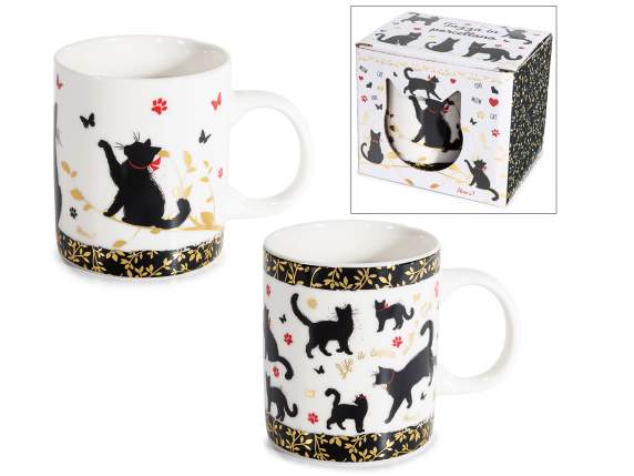 350ml porcelain mug with cat decorations and gold details
