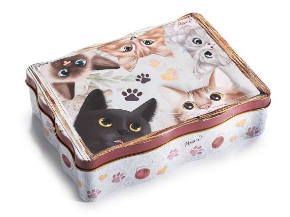 Metal food box with wavy edges and cat decorations