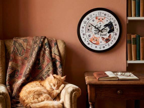 Ceramic clock with cat print and embossed decorations