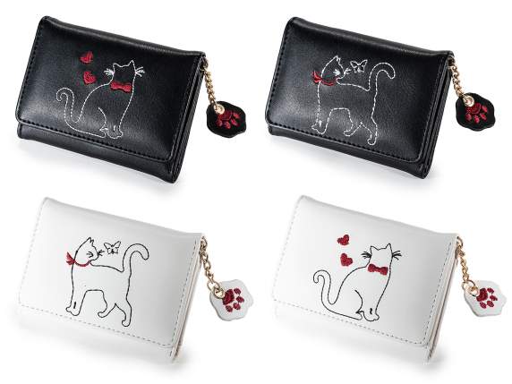Faux leather wallet with cat embroidery and paw pendant